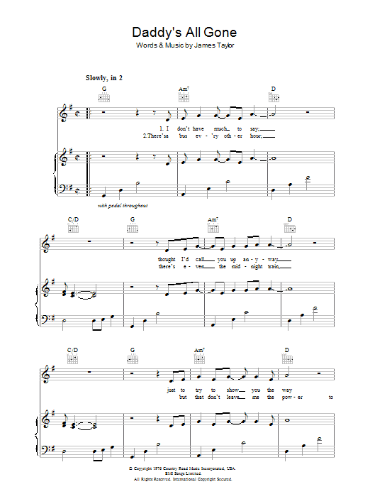 James Taylor Daddy's All Gone Sheet Music Notes & Chords for Piano, Vocal & Guitar (Right-Hand Melody) - Download or Print PDF