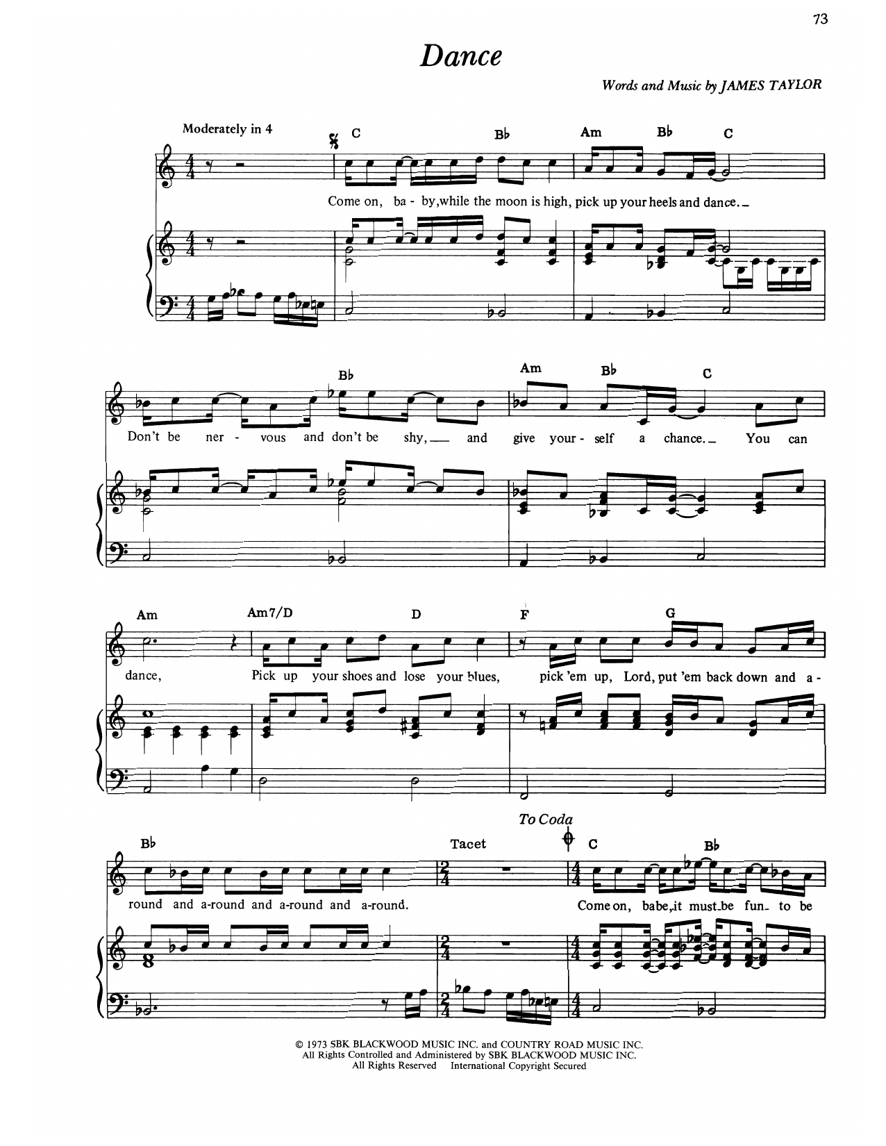 James Taylor Dance Sheet Music Notes & Chords for Piano, Vocal & Guitar Chords (Right-Hand Melody) - Download or Print PDF