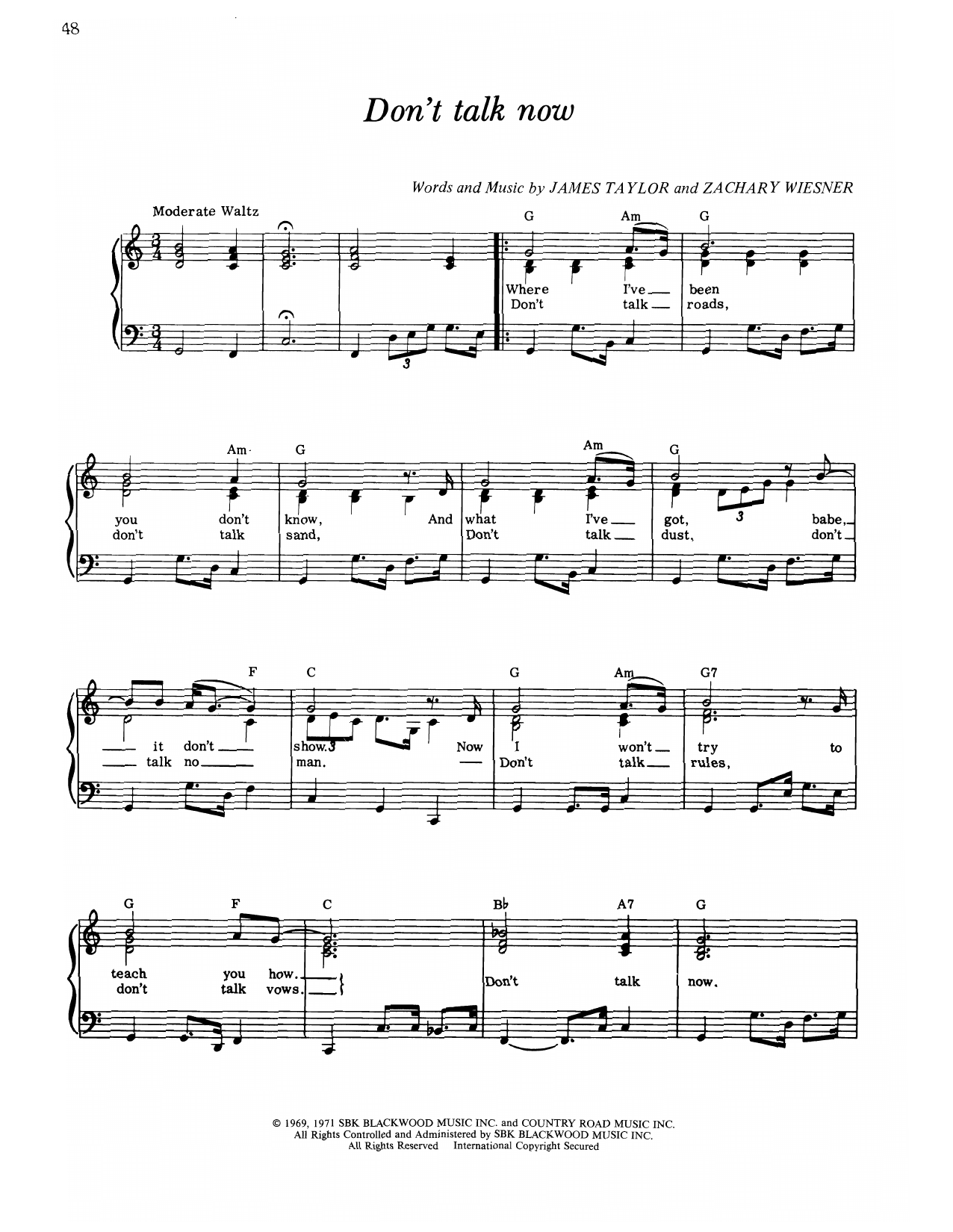 James Taylor Don't Talk Now Sheet Music Notes & Chords for Piano, Vocal & Guitar Chords (Right-Hand Melody) - Download or Print PDF
