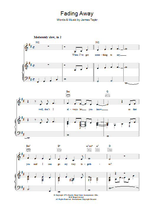 James Taylor Fading Away Sheet Music Notes & Chords for Piano, Vocal & Guitar (Right-Hand Melody) - Download or Print PDF