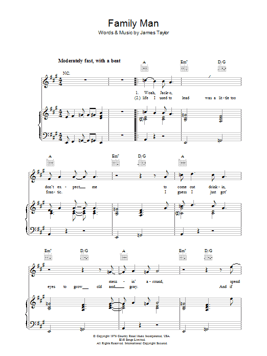 James Taylor Family Man Sheet Music Notes & Chords for Piano, Vocal & Guitar (Right-Hand Melody) - Download or Print PDF