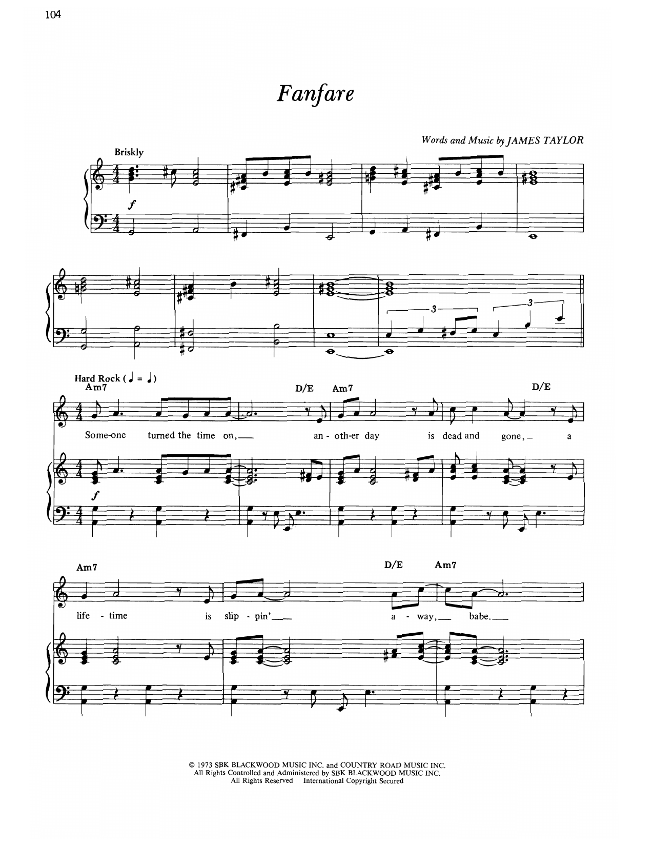 James Taylor Fanfare Sheet Music Notes & Chords for Piano, Vocal & Guitar Chords (Right-Hand Melody) - Download or Print PDF