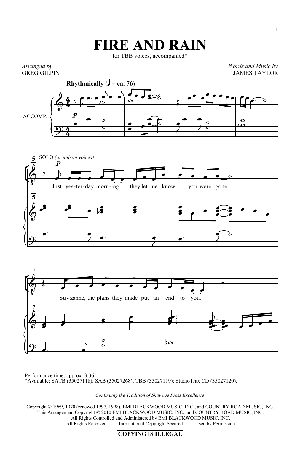 James Taylor Fire And Rain (arr. Greg Gilpin) Sheet Music Notes & Chords for SAB Choir - Download or Print PDF