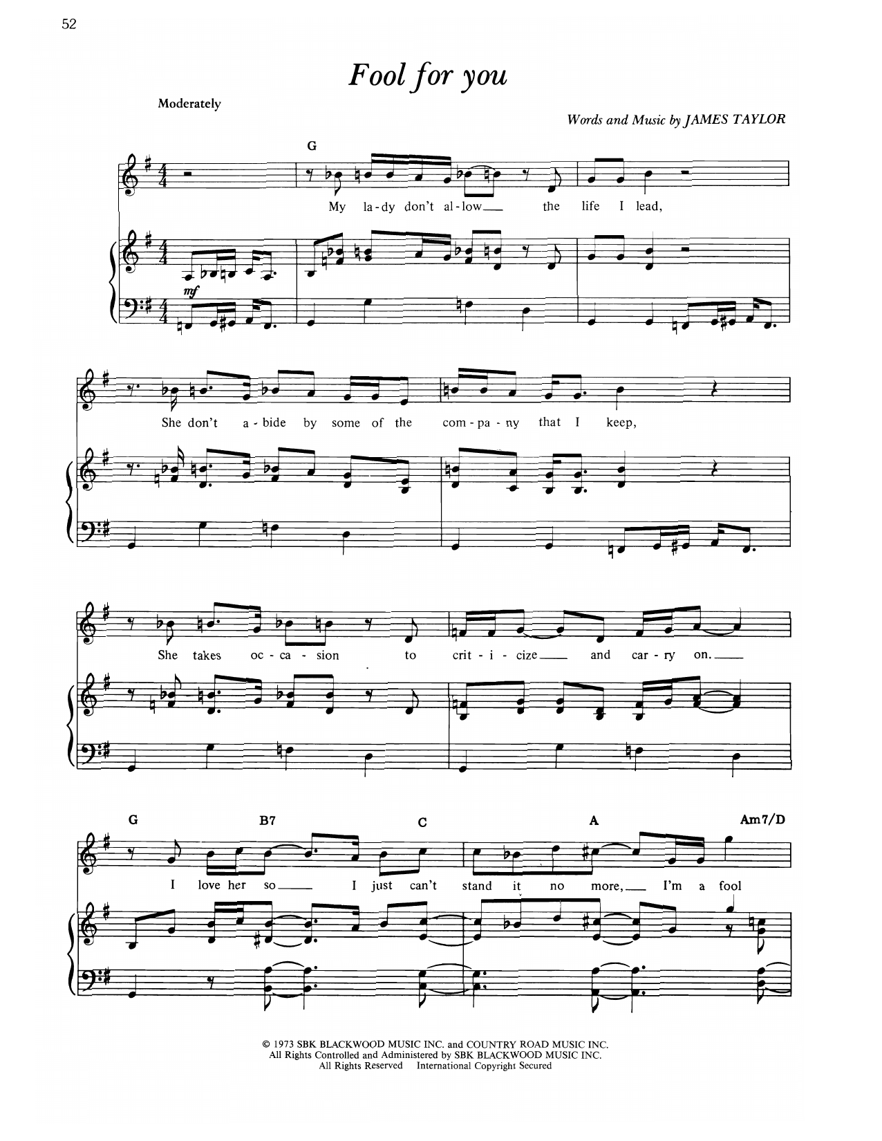 James Taylor Fool For You Sheet Music Notes & Chords for Piano, Vocal & Guitar Chords (Right-Hand Melody) - Download or Print PDF