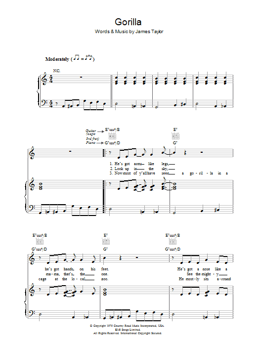 James Taylor Gorilla Sheet Music Notes & Chords for Piano, Vocal & Guitar (Right-Hand Melody) - Download or Print PDF