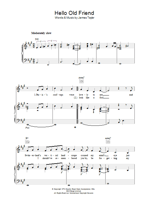 James Taylor Hello Old Friend Sheet Music Notes & Chords for Piano, Vocal & Guitar (Right-Hand Melody) - Download or Print PDF