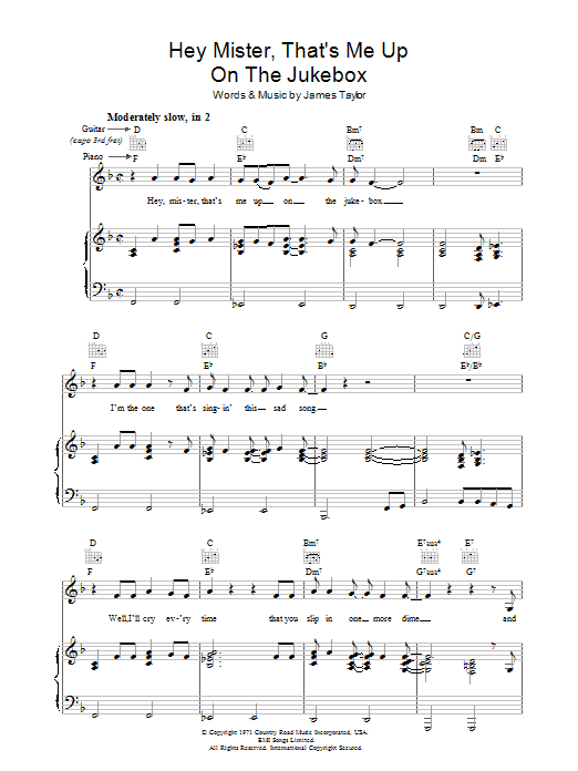 James Taylor Hey Mister That's Me Up On The Jukebox Sheet Music Notes & Chords for Piano, Vocal & Guitar (Right-Hand Melody) - Download or Print PDF
