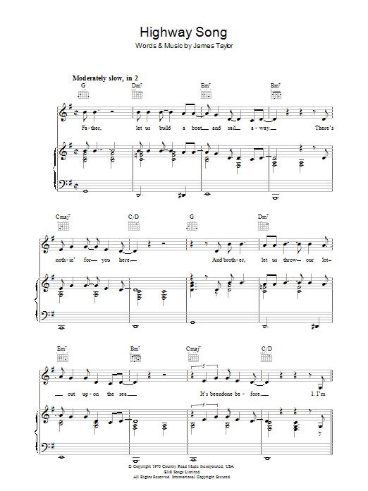 James Taylor Highway Song Sheet Music Notes & Chords for Piano, Vocal & Guitar (Right-Hand Melody) - Download or Print PDF