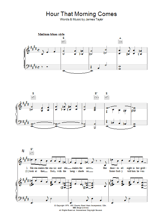 James Taylor Hour That Morning Comes Sheet Music Notes & Chords for Piano, Vocal & Guitar (Right-Hand Melody) - Download or Print PDF