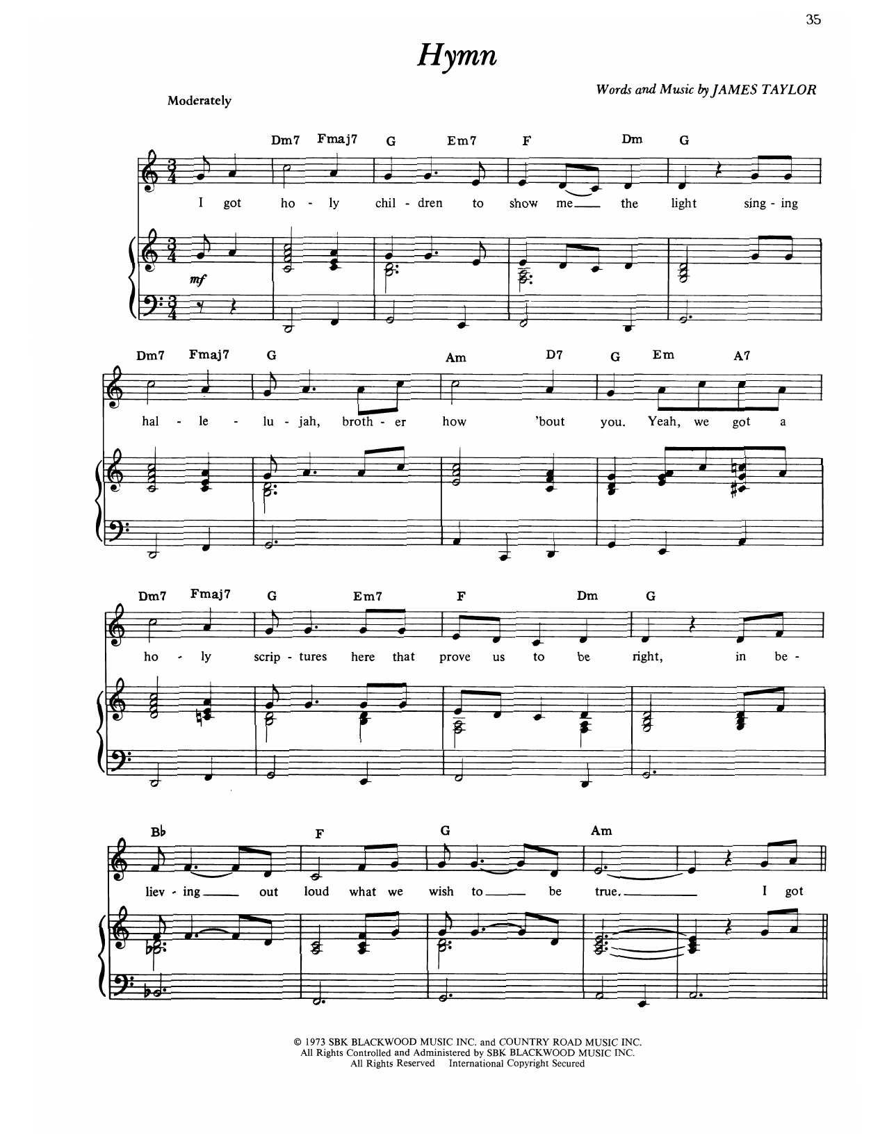 James Taylor Hymn Sheet Music Notes & Chords for Piano, Vocal & Guitar Chords (Right-Hand Melody) - Download or Print PDF