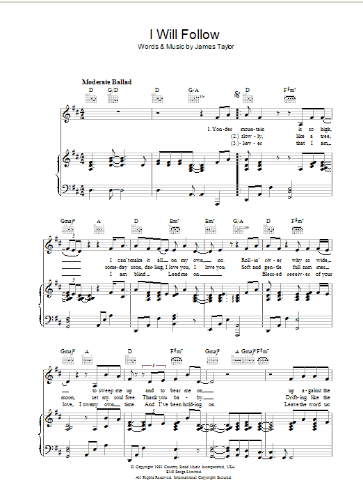 James Taylor I Will Follow Sheet Music Notes & Chords for Piano, Vocal & Guitar (Right-Hand Melody) - Download or Print PDF