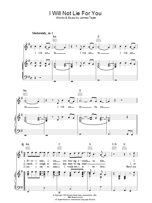 James Taylor I Will Not Lie For You Sheet Music Notes & Chords for Piano, Vocal & Guitar (Right-Hand Melody) - Download or Print PDF