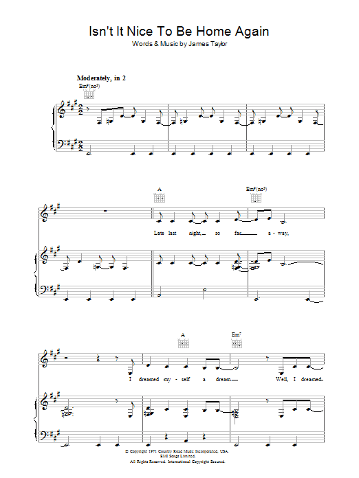 James Taylor Isn't It Nice To Be Home Again Sheet Music Notes & Chords for Piano, Vocal & Guitar (Right-Hand Melody) - Download or Print PDF