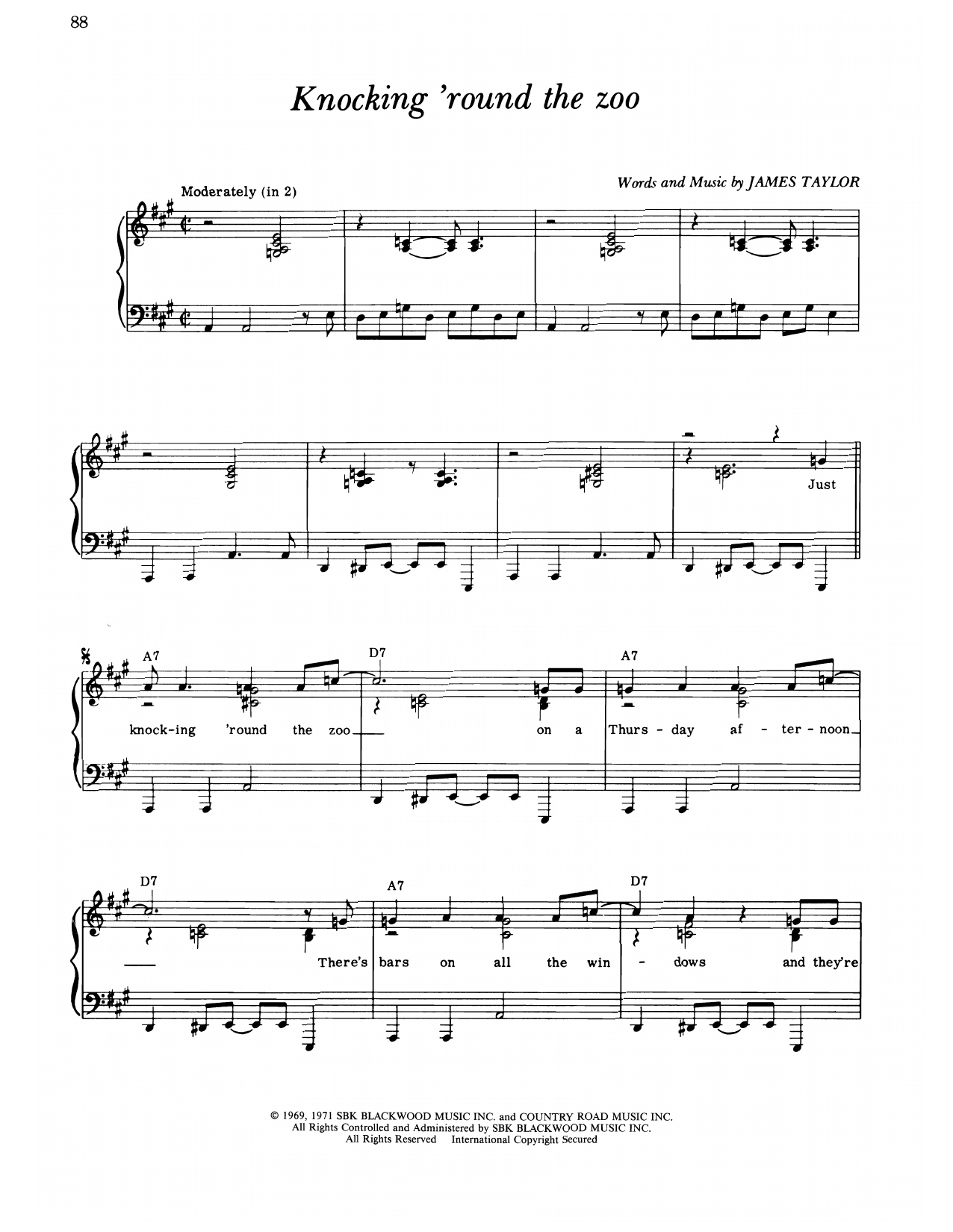 James Taylor Knocking 'round The Zoo Sheet Music Notes & Chords for Piano, Vocal & Guitar Chords (Right-Hand Melody) - Download or Print PDF