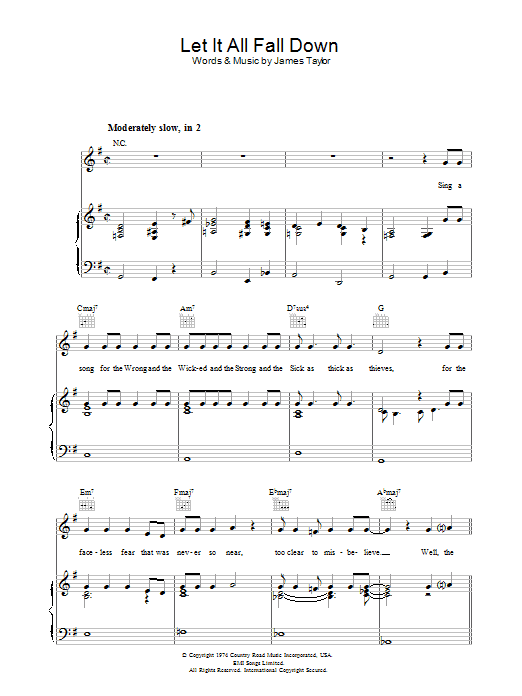 James Taylor Let It All Fall Down Sheet Music Notes & Chords for Piano, Vocal & Guitar (Right-Hand Melody) - Download or Print PDF