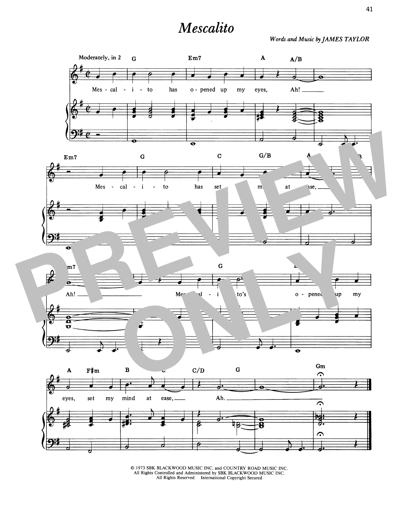 James Taylor Mescalito Sheet Music Notes & Chords for Piano, Vocal & Guitar Chords (Right-Hand Melody) - Download or Print PDF