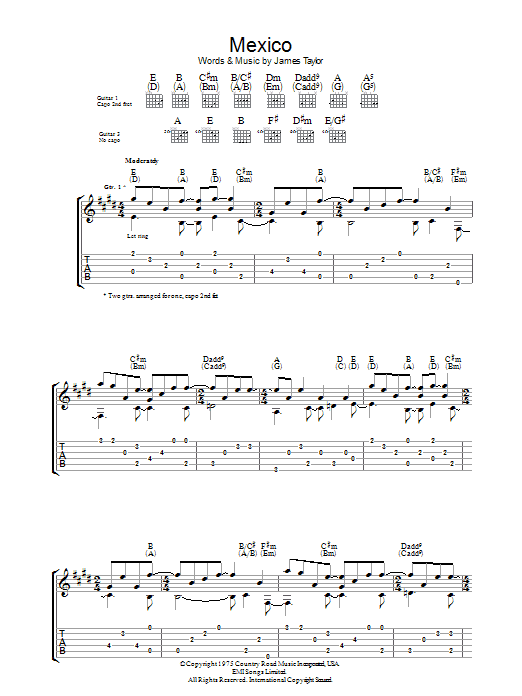 James Taylor Mexico Sheet Music Notes & Chords for Piano, Vocal & Guitar (Right-Hand Melody) - Download or Print PDF