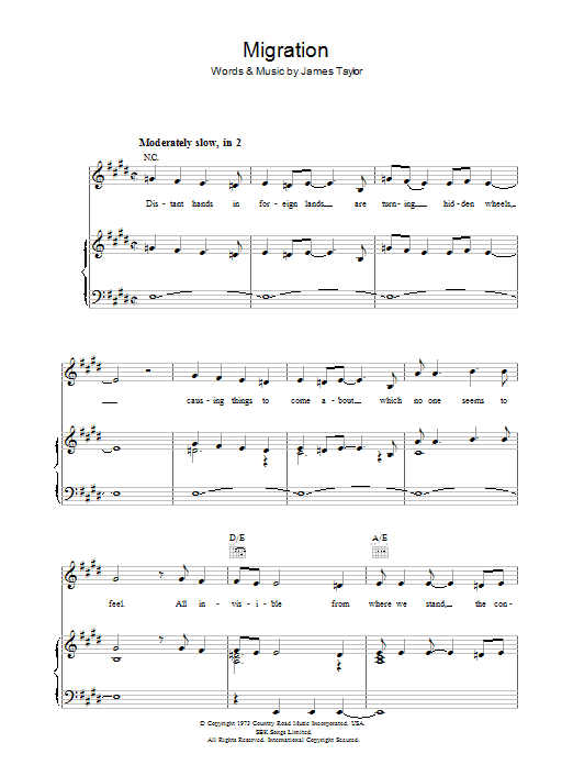 James Taylor Migration Sheet Music Notes & Chords for Piano, Vocal & Guitar (Right-Hand Melody) - Download or Print PDF James Taylor Migration Sheet Music Notes & Chords for Piano, Vocal & Guitar (Right-Hand Melody) - Download or Print PDF