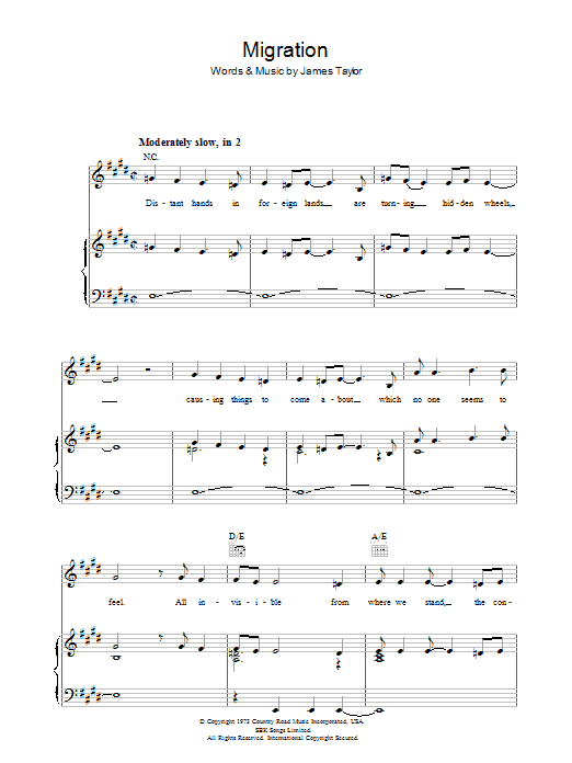 James Taylor Migration Sheet Music Notes & Chords for Piano, Vocal & Guitar (Right-Hand Melody) - Download or Print PDF