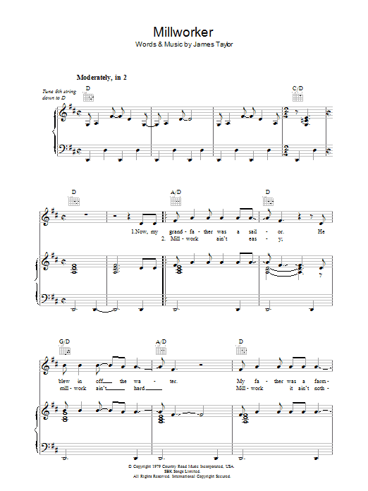 James Taylor Millworker Sheet Music Notes & Chords for Piano, Vocal & Guitar (Right-Hand Melody) - Download or Print PDF