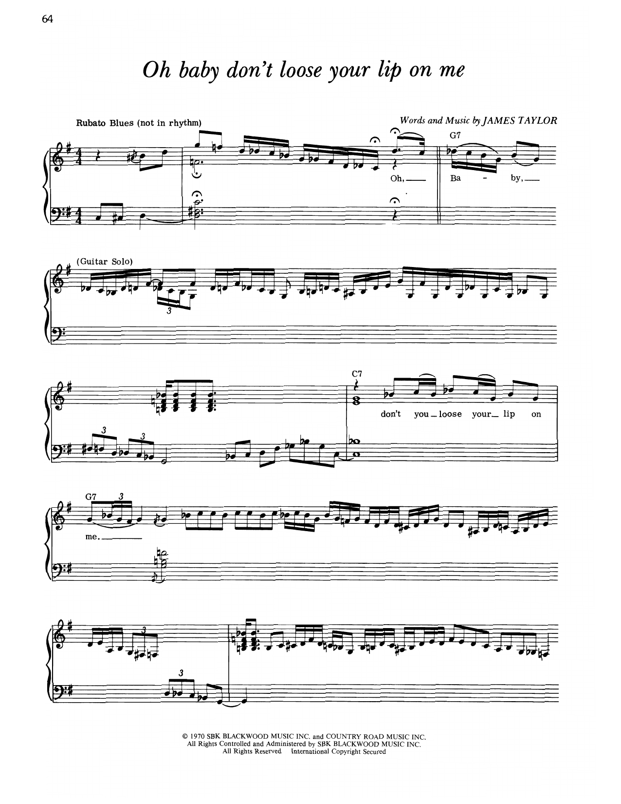 James Taylor Oh Baby Don't Loose Your Lip On Me Sheet Music Notes & Chords for Piano, Vocal & Guitar Chords (Right-Hand Melody) - Download or Print PDF