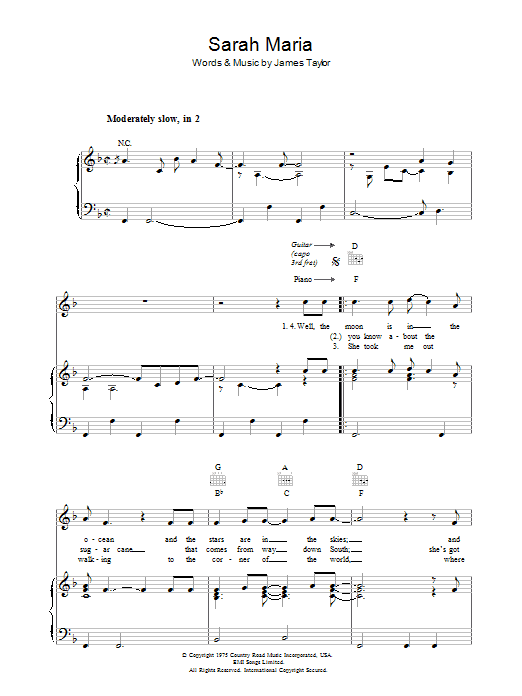 James Taylor Sarah Maria Sheet Music Notes & Chords for Piano, Vocal & Guitar (Right-Hand Melody) - Download or Print PDF