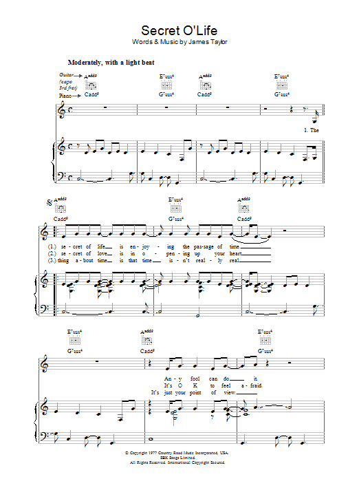 James Taylor Secret O'Life Sheet Music Notes & Chords for Piano, Vocal & Guitar (Right-Hand Melody) - Download or Print PDF
