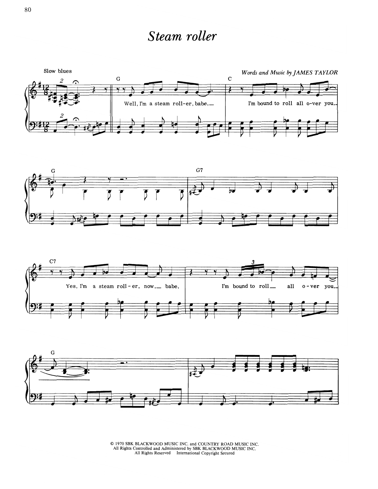 James Taylor Steamroller (Steamroller Blues) Sheet Music Notes & Chords for Piano, Vocal & Guitar Chords (Right-Hand Melody) - Download or Print PDF