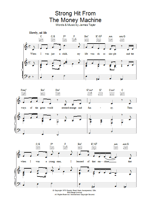 James Taylor Strong Hit From The Money Machine Sheet Music Notes & Chords for Piano, Vocal & Guitar (Right-Hand Melody) - Download or Print PDF