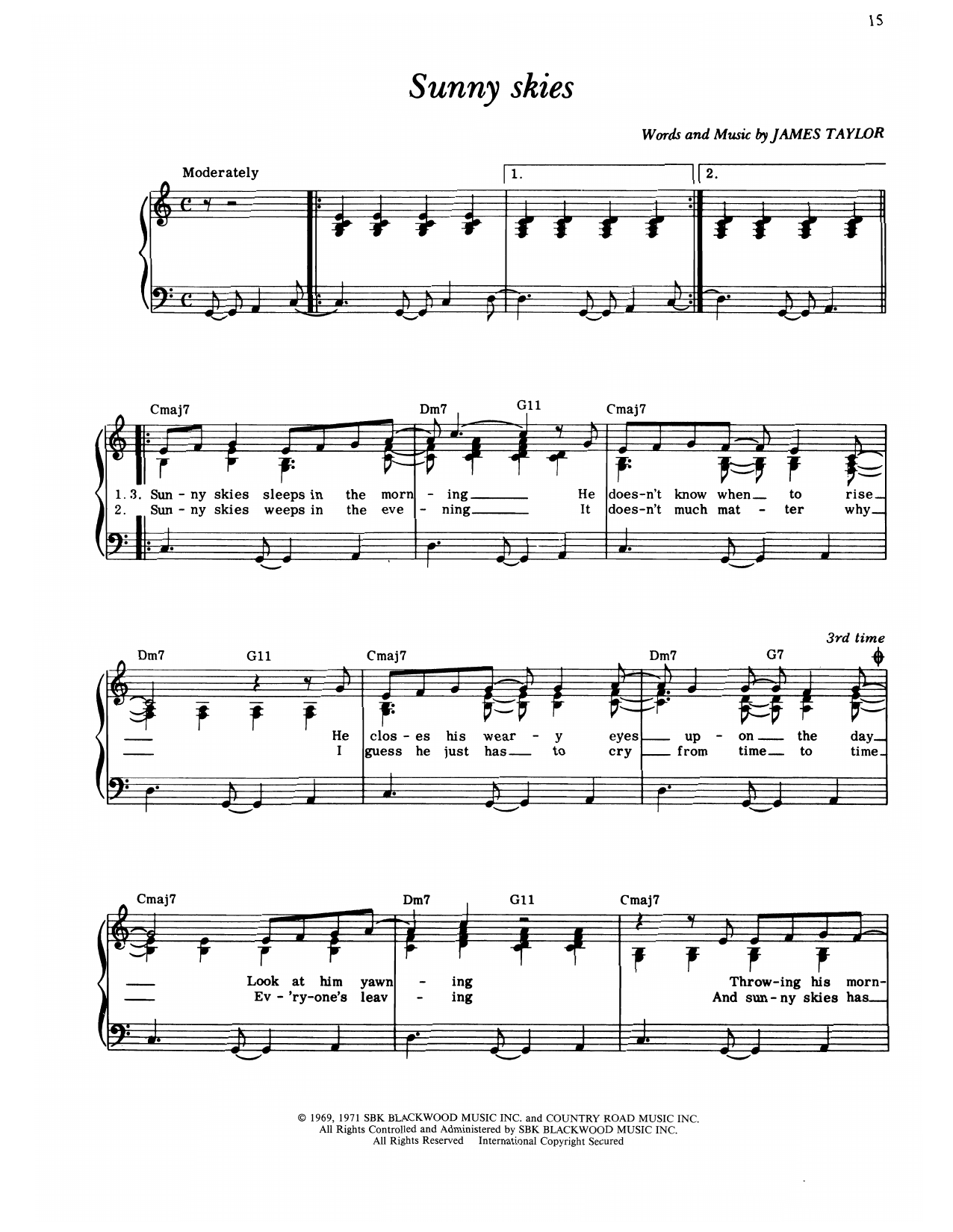James Taylor Sunny Skies Sheet Music Notes & Chords for Piano, Vocal & Guitar Chords (Right-Hand Melody) - Download or Print PDF