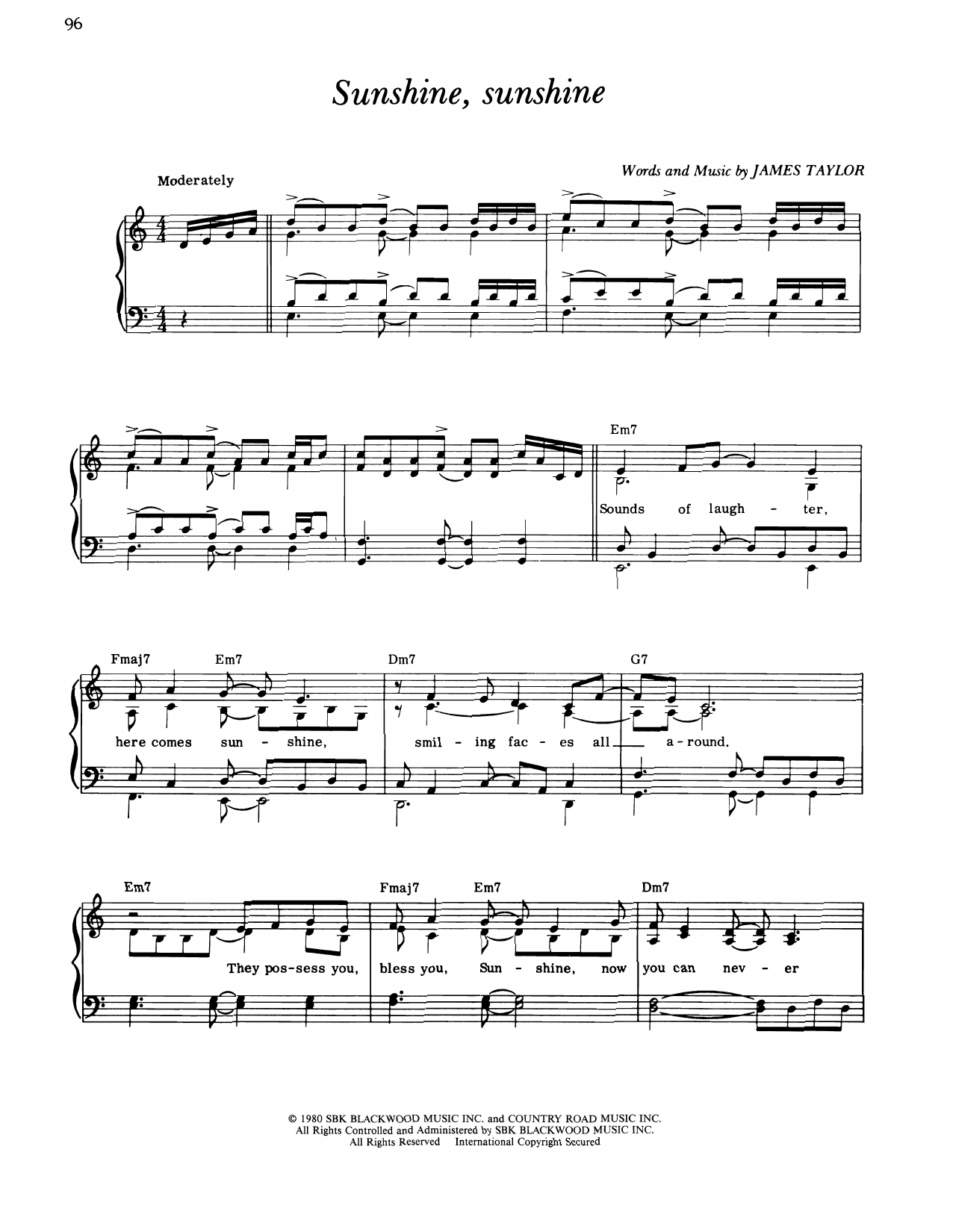 James Taylor Sunshine, Sunshine Sheet Music Notes & Chords for Piano, Vocal & Guitar Chords (Right-Hand Melody) - Download or Print PDF