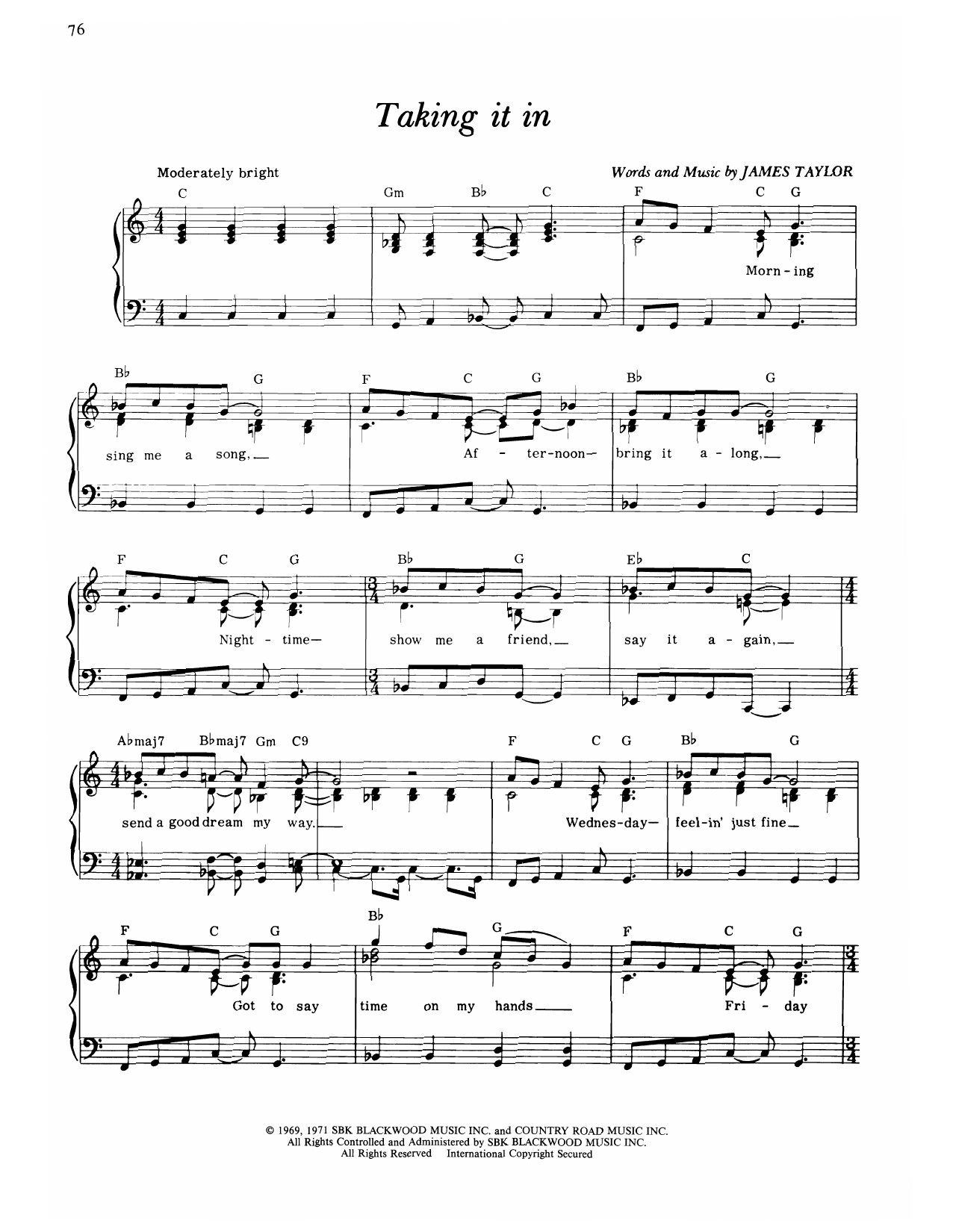 James Taylor Taking It In Sheet Music Notes & Chords for Piano, Vocal & Guitar Chords (Right-Hand Melody) - Download or Print PDF