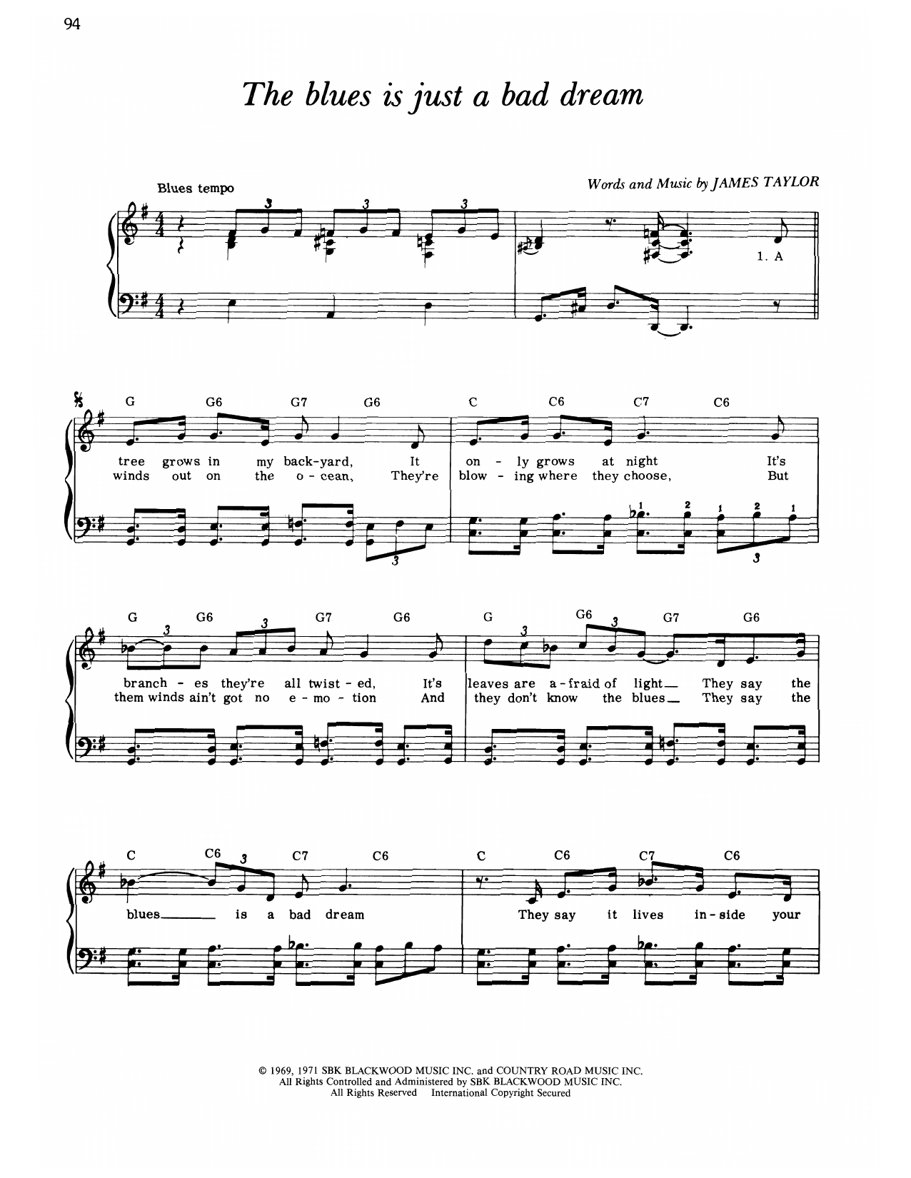 James Taylor The Blues Is Just A Bad Dream Sheet Music Notes & Chords for Piano, Vocal & Guitar Chords (Right-Hand Melody) - Download or Print PDF