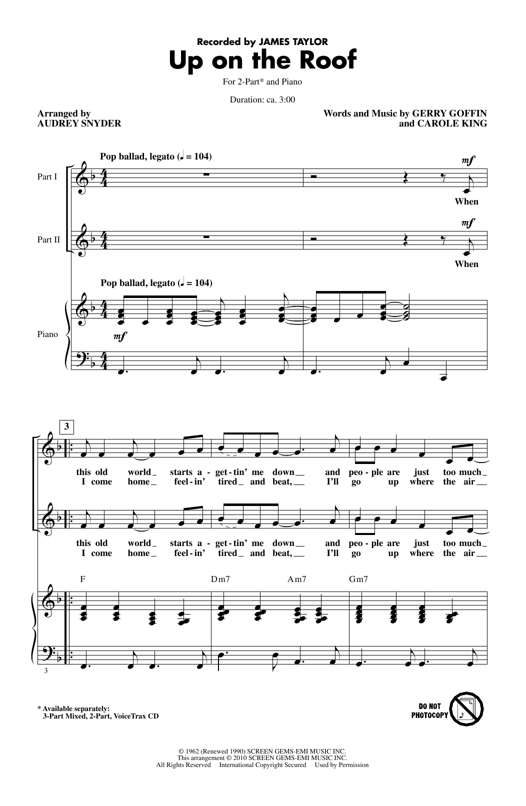 James Taylor Up On The Roof (arr. Audrey Snyder) Sheet Music Notes & Chords for 3-Part Mixed Choir - Download or Print PDF