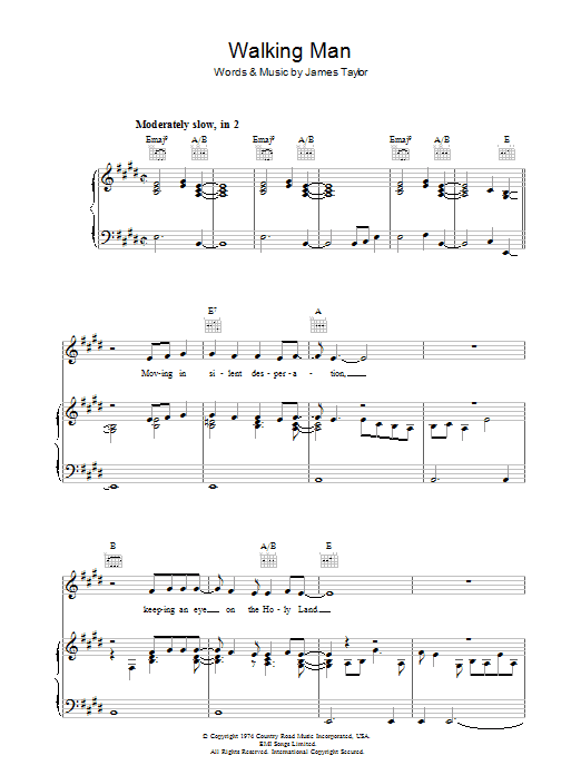 James Taylor Walking Man Sheet Music Notes & Chords for Piano, Vocal & Guitar (Right-Hand Melody) - Download or Print PDF