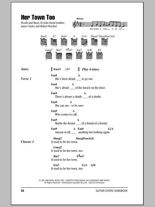 James Taylor with J.D. Souther Her Town Too Sheet Music Notes & Chords for Lyrics & Chords - Download or Print PDF