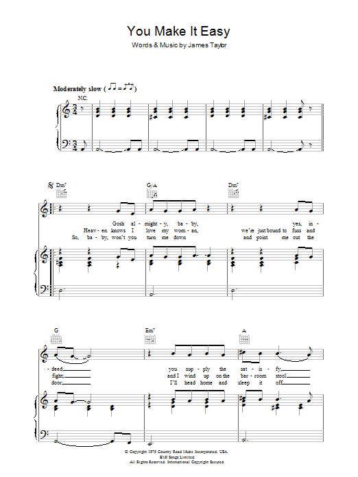 James Taylor You Make It Easy Sheet Music Notes & Chords for Piano, Vocal & Guitar (Right-Hand Melody) - Download or Print PDF