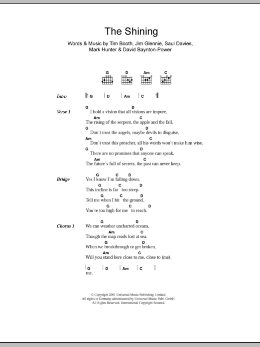 James The Shining Sheet Music Notes & Chords for Lyrics & Chords - Download or Print PDF James The Shining Sheet Music Notes & Chords for Lyrics & Chords - Download or Print PDF