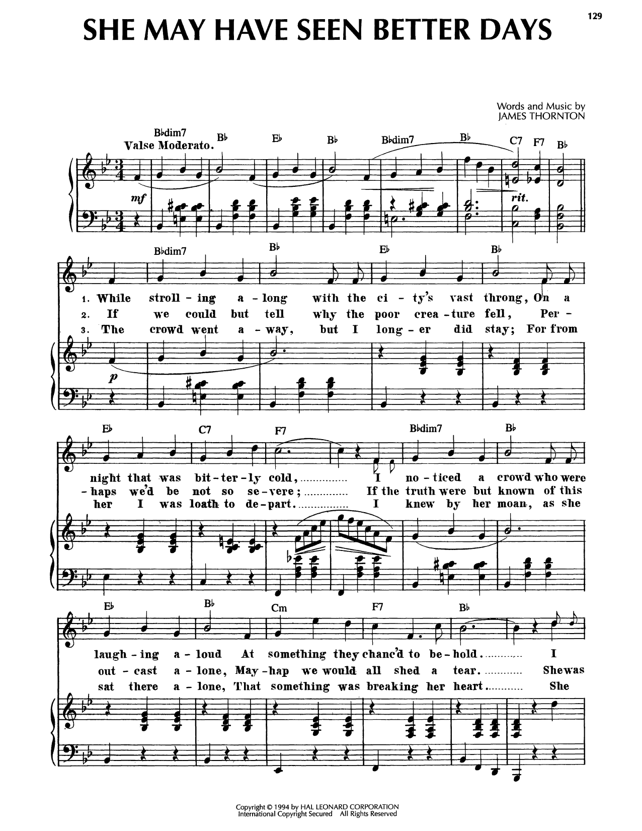 James Thornton She May Have Seen Better Days Sheet Music Notes & Chords for Piano, Vocal & Guitar Chords (Right-Hand Melody) - Download or Print PDF