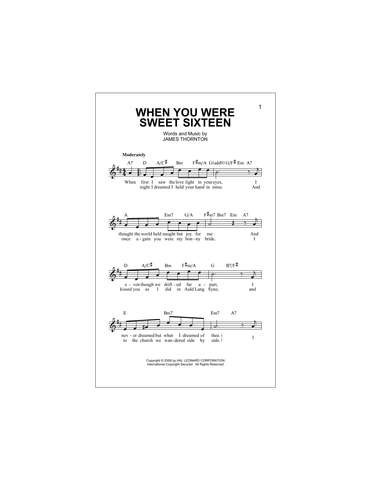 James Thornton When You Were Sweet Sixteen Sheet Music Notes & Chords for Melody Line, Lyrics & Chords - Download or Print PDF
