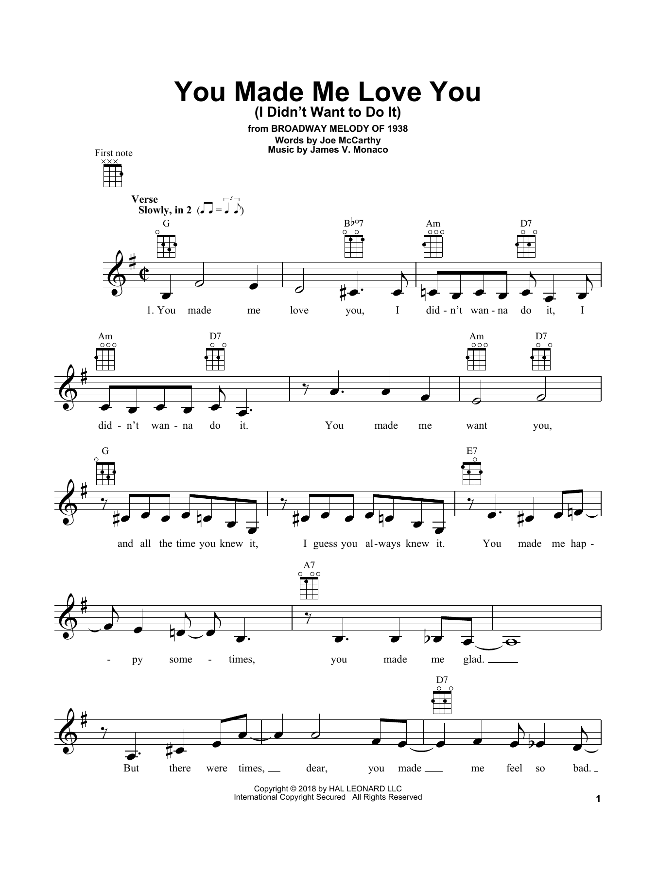 James V. Monaco You Made Me Love You (I Didn't Want To Do It) Sheet Music Notes & Chords for Ukulele - Download or Print PDF