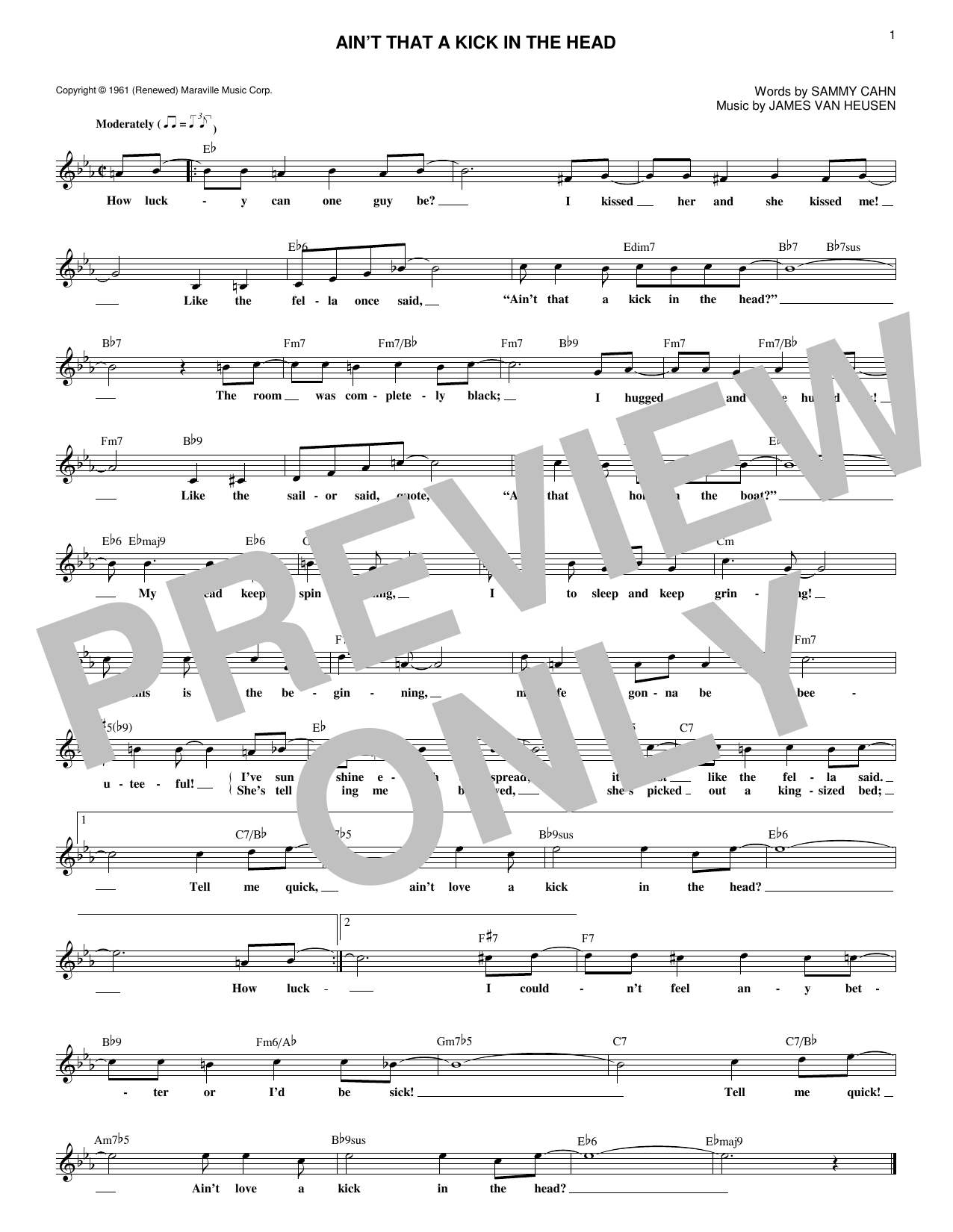 James Van Heusen Ain't That A Kick In The Head Sheet Music Notes & Chords for Melody Line, Lyrics & Chords - Download or Print PDF