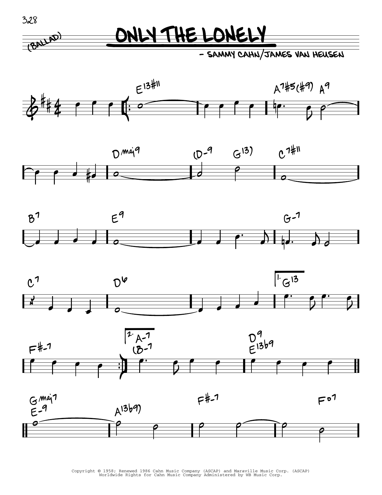 James Van Heusen and Sammy Cahn Only The Lonely Sheet Music Notes & Chords for Real Book – Melody & Chords - Download or Print PDF
