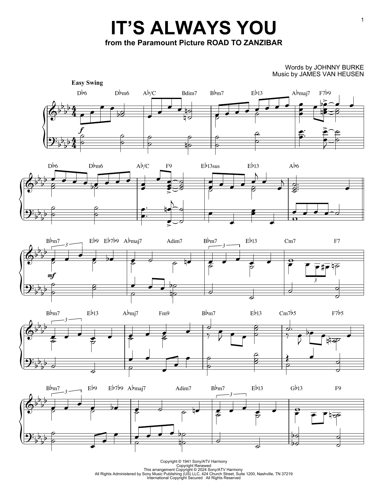 James Van Heusen It's Always You (arr. Brent Edstrom) Sheet Music Notes & Chords for Piano Solo - Download or Print PDF James Van Heusen It's Always You (arr. Brent Edstrom) Sheet Music Notes & Chords for Piano Solo - Download or Print PDF