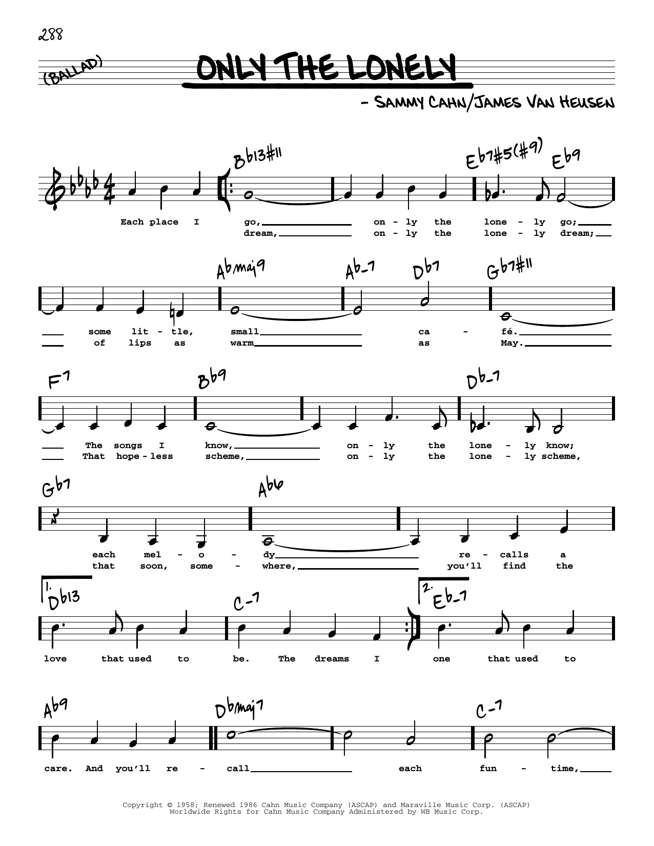 James Van Heusen Only The Lonely (Low Voice) Sheet Music Notes & Chords for Real Book – Melody, Lyrics & Chords - Download or Print PDF