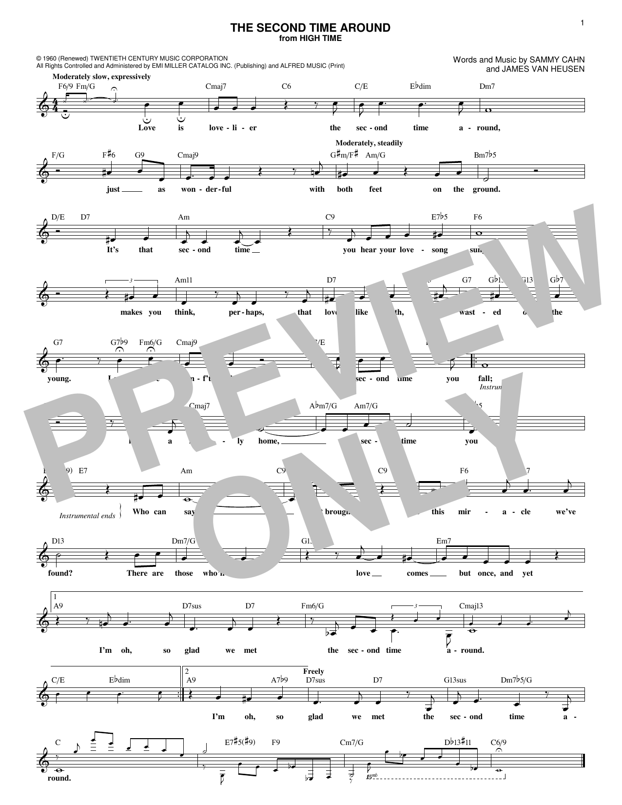 James Van Heusen The Second Time Around Sheet Music Notes & Chords for Melody Line, Lyrics & Chords - Download or Print PDF