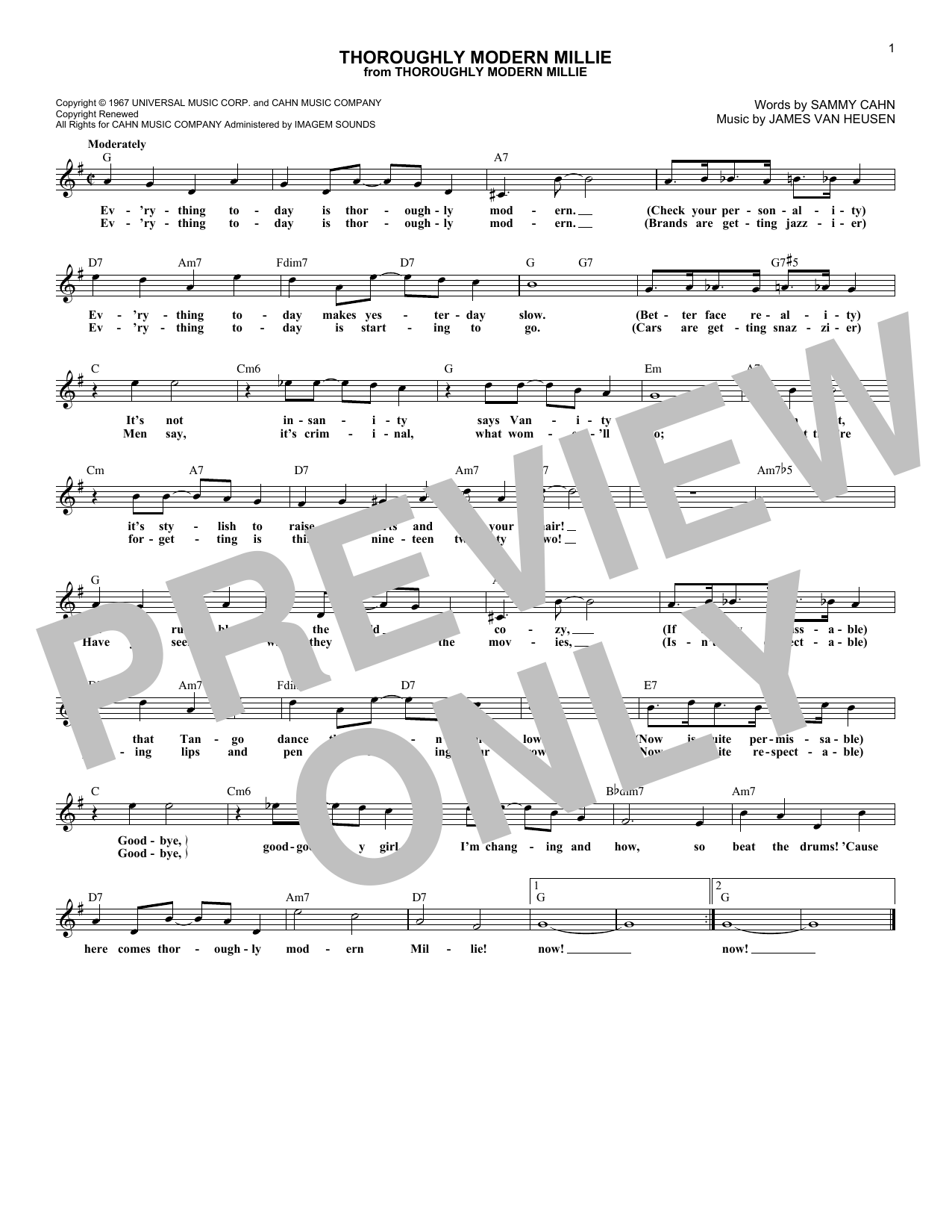 James Van Heusen Thoroughly Modern Millie Sheet Music Notes & Chords for Melody Line, Lyrics & Chords - Download or Print PDF