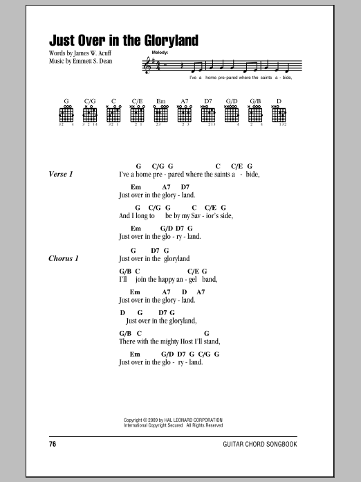 James W. Acuff Just Over In The Gloryland Sheet Music Notes & Chords for Lyrics & Piano Chords - Download or Print PDF