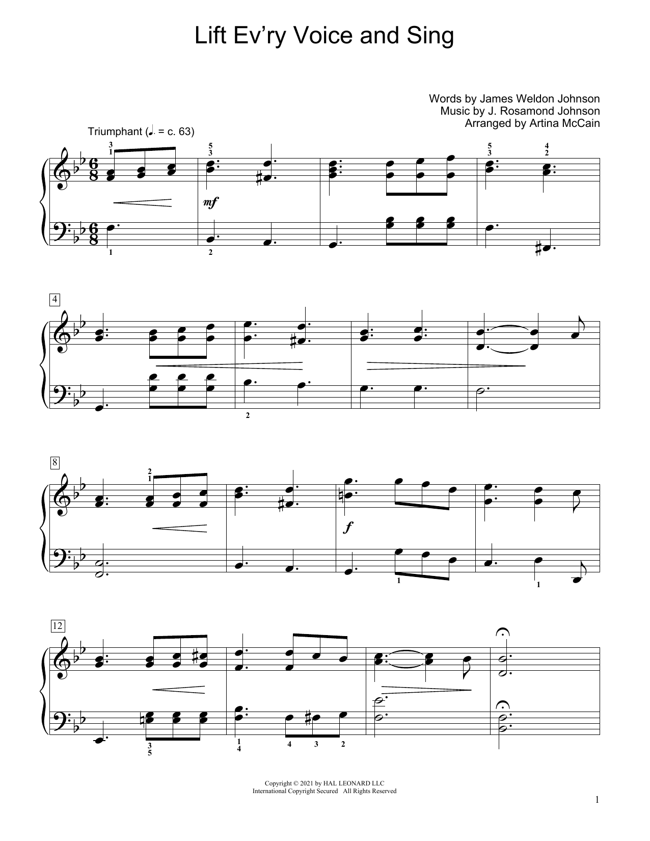 James Weldon Johnson Lift Ev'ry Voice And Sing (arr. Artina McCain) Sheet Music Notes & Chords for Educational Piano - Download or Print PDF