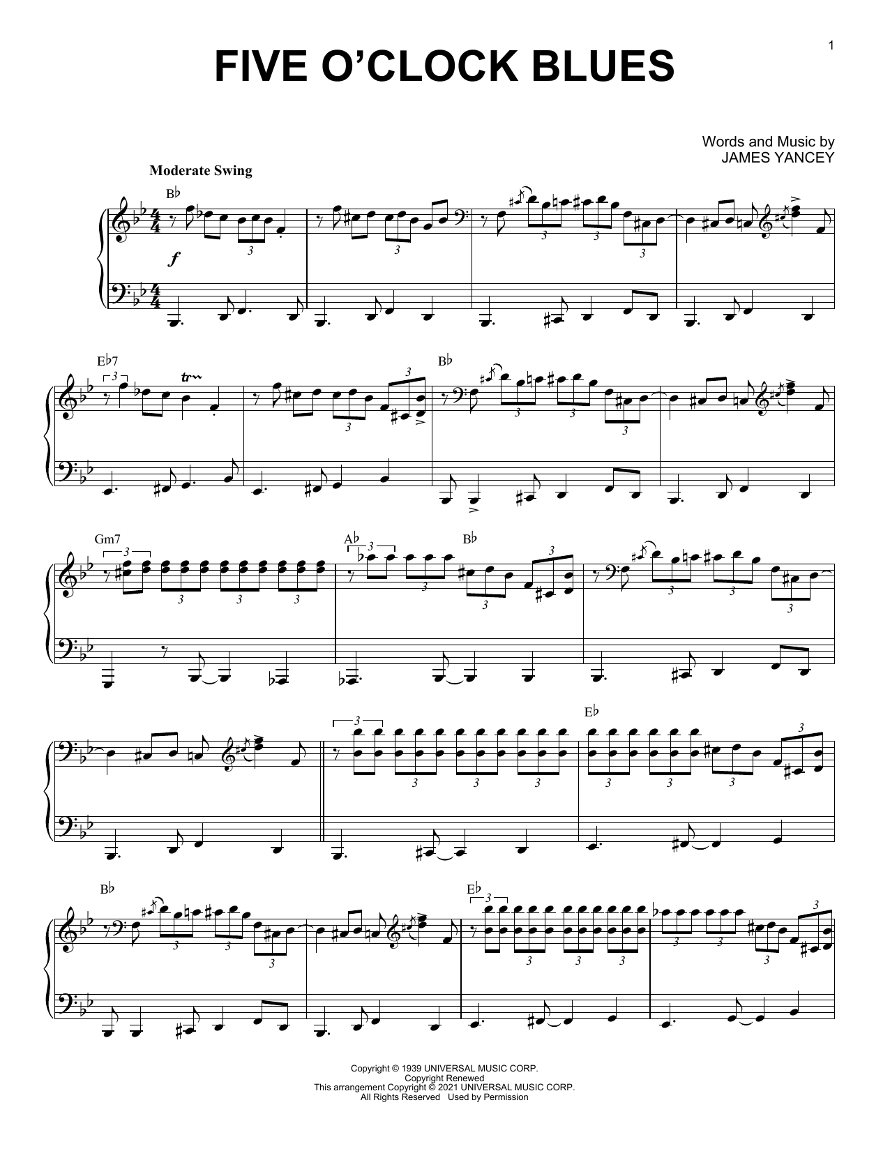 James Yancey Five O'Clock Blues (arr. Brent Edstrom) Sheet Music Notes & Chords for Piano Solo - Download or Print PDF